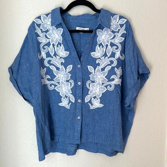 Chico's 100% blue linen emroidered applique lace, dolman sleeves, size 14 - Picture 2 of 7